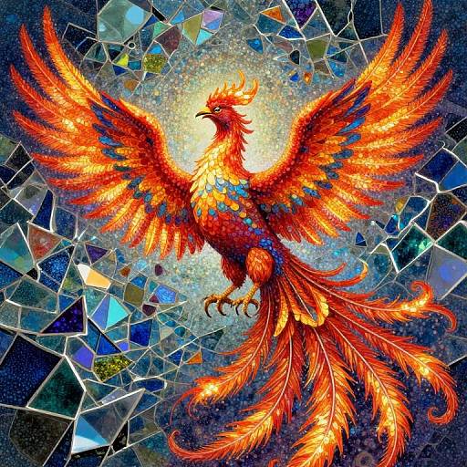 Digital artwork of a vibrant, fiery phoenix with outstretched wings, surrounded by a mosaic of multicolored, reflective glass pieces.