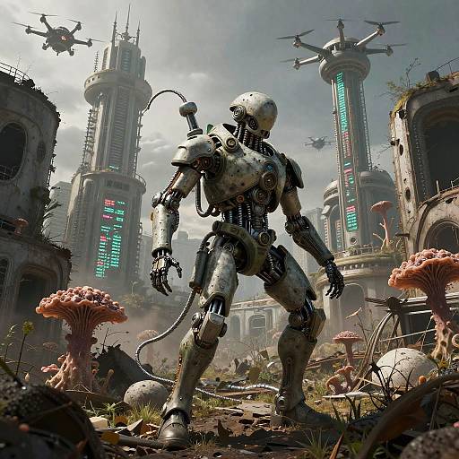 Futuristic Cyborg in Overgrown Megacity Ruins
