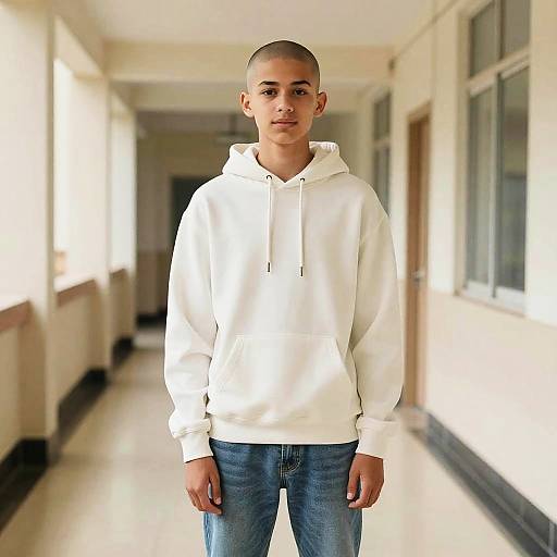 Photograph of a young boy with short hair, medium brown skin, wearing a white hoodie and blue jeans, standing in a sunlit, beige hallway