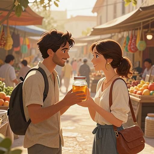 Photograph of a smiling couple in a sunny outdoor market, sharing a glass of orange drink, surrounded by colorful fruit stalls.