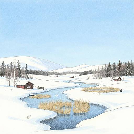 Winter landscape photograph: Snow-covered hills, winding blue river, golden reeds, two red cabins, scattered trees, and clear blue sky.
