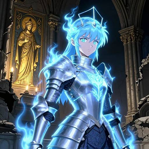 Digital anime-style artwork of a blue-haired female warrior in glowing blue armor with electricity effects, standing in a ruined, dimly lit cathedral with a golden