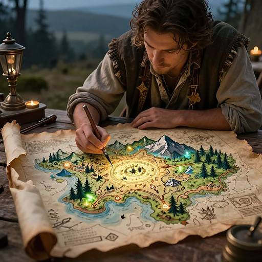 Photograph of a bearded man with wavy brown hair, illuminated map, candles, and forest background, carefully tracing a mountainous terrain.