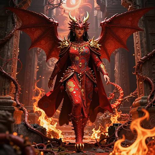 Digital artwork of a fiery-eyed, horned demon queen with red, ornate armor, bat wings, and intricate designs, walking through a blazing,