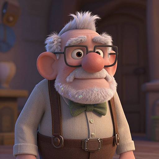 CGI image of a chubby, elderly man with white hair, glasses, large nose, green bow tie, and brown suspenders, looking up with