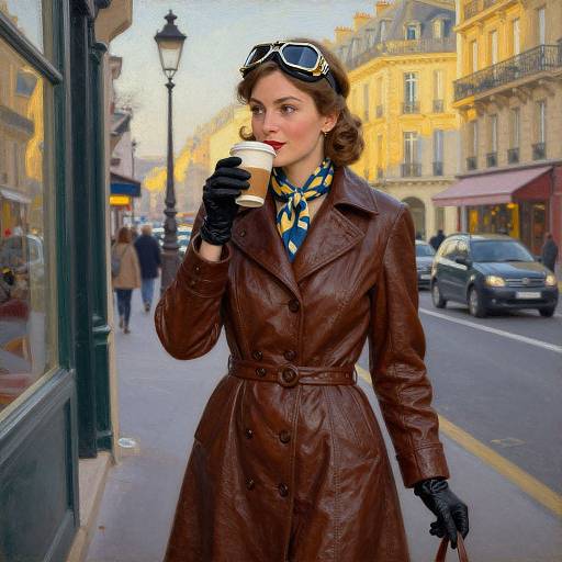 Vintage-style photograph of a brunette woman in a brown leather coat, black gloves, and patterned scarf, sipping a coffee on a Parisian street