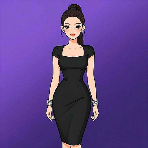 Digital drawing of a fair-skinned woman with dark hair in a bun, wearing a black form-fitting dress and white bracelets, standing against a gradient