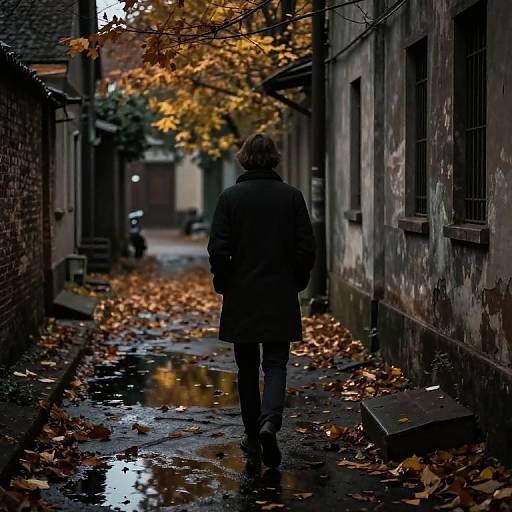 Photograph of a person in a dark coat walking down a rain-soaked, autumn alley, surrounded by fallen leaves and golden leaves overhead.