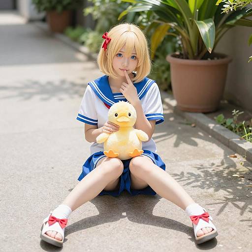 Anime Girl in Sailor Outfit with Plush Duck