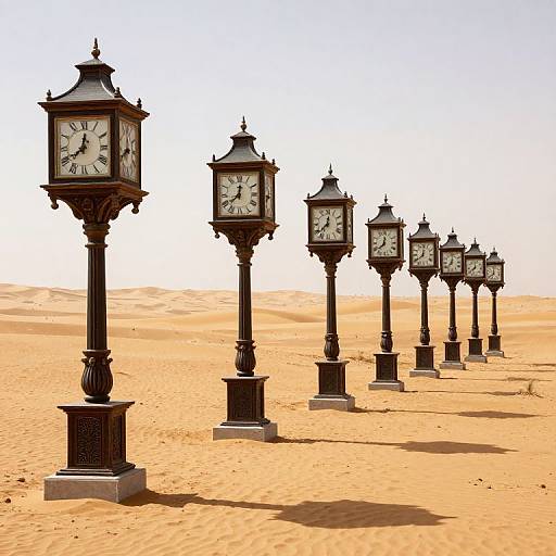 Photograph of black Victorian-style clock lamps lined up in a desert, casting long shadows on the sandy ground under a clear sky.