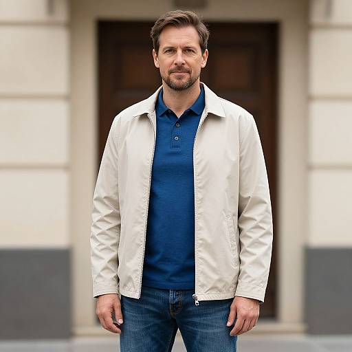 Man in Casual Blue and Beige Outfit