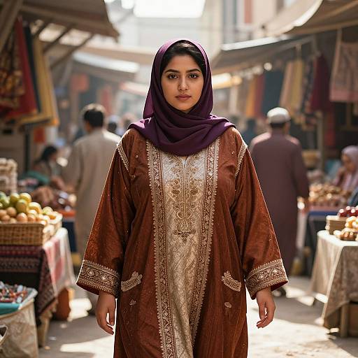 Photograph of a young South Asian woman in a brown, embroidered kurta and purple hijab, standing confidently in a bustling outdoor market. Sunlight