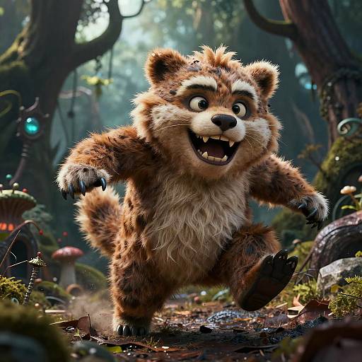 CGI image of a fluffy, excited raccoon-like creature with big eyes and sharp teeth, running through a magical, forested path with glowing mushrooms