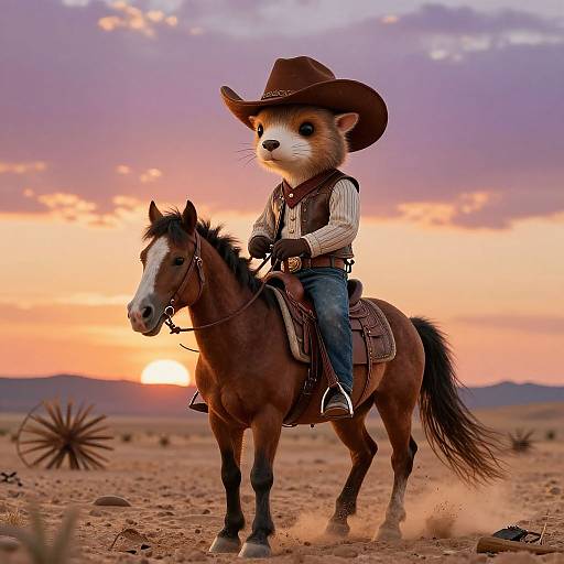 Photorealistic digital art of an anthropomorphic fox cowboy riding a brown horse at sunset in a desert, wearing a hat and western gear.