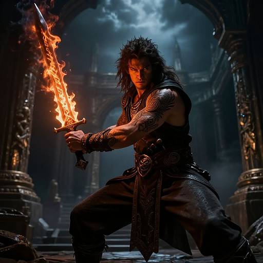 Photorealistic digital art of a muscular, tattooed warrior with wild hair, wielding a flaming sword in a dark, gothic, stone-columned