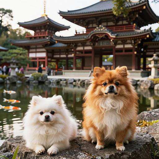 Photograph of two fluffy Pomeranians, one white and one orange, sitting on a rock by a pond, with a traditional Japanese temple in