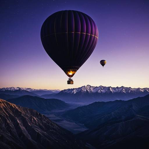 Solitary hot air balloon at dusk over mountains Solitary hot air balloon at dusk over mountains