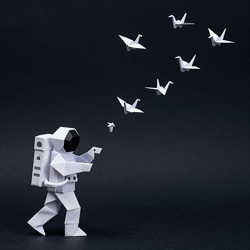 Photograph-style digital art of a white paper astronaut pointing at flying paper birds in a dark blue-black gradient background.