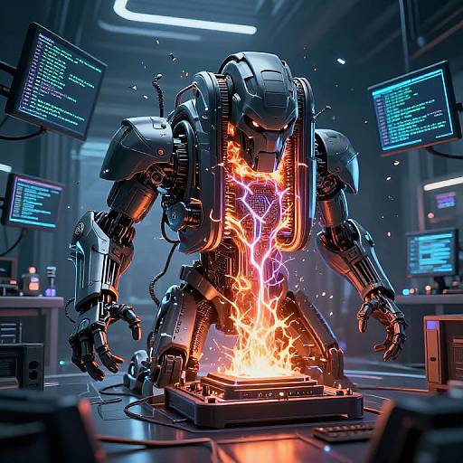 CGI image of a metallic, humanoid robot standing over a fiery central core, surrounded by glowing computer screens in a futuristic lab.