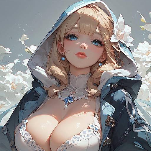 Digital anime-style drawing of a blonde woman with blue eyes, large breasts, wearing a blue hooded jacket, white lace bra, and flower earring