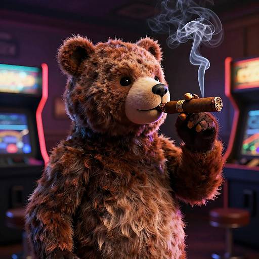 Animatronic Bear Smoking Cigar in Retro Arcade