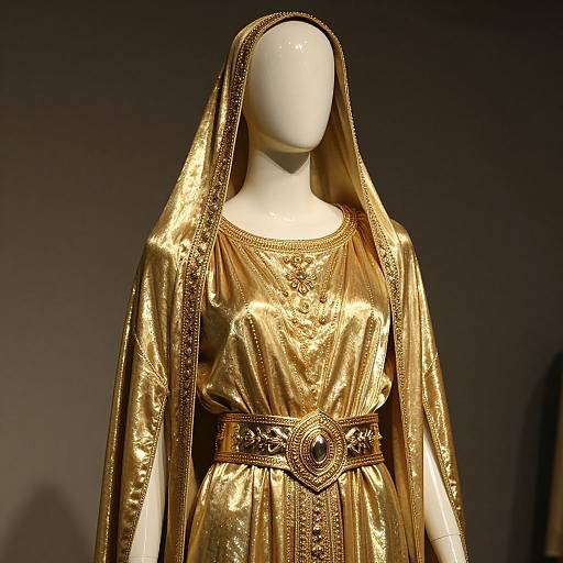 Photograph of a faceless mannequin wearing a shiny, gold, medieval-style dress with intricate embroidery, a veil, and a belted waist