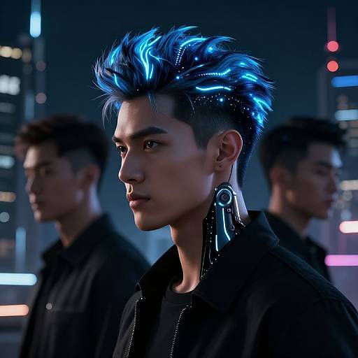 Cyberpunk-style CGI photograph of a young Asian man with glowing blue mohawk, futuristic earpiece, black shirt, standing in front of blurred city