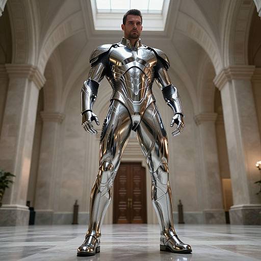 Man in Reflective Metallic Suit in Grand Hall