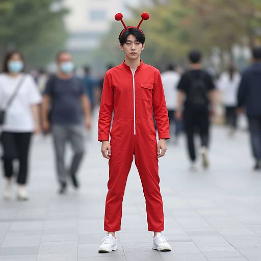 Photograph of an Asian man in a bright red jumpsuit with red antennae headband, white sneakers, standing in a blurred urban street. Background