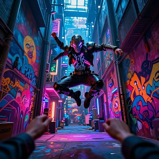 Photorealistic CGI of Venom mid-leap in a neon-lit, graffiti-covered alley with vibrant, colorful street art and glowing signs. Hands in