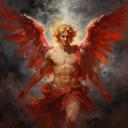 Digital painting of a muscular, shirtless angel with fiery red wings and golden halo, wearing a red cloth, floating against a dark, cloudy background.