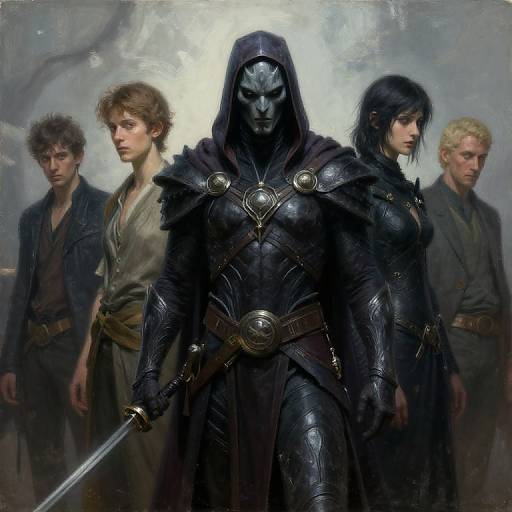 Digital painting of a masked, black-armored warrior with a hood, flanked by four serious, ruggedly dressed individuals against a misty background.