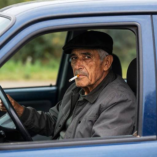 Portrait of a Man in a Blue Car