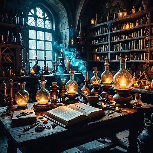 Enchanted Alchemist's Workshop with Glowing Potions