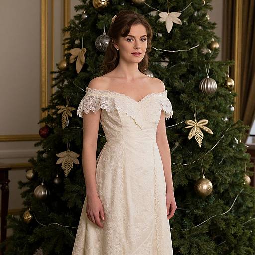 Photograph of a brunette woman in an off-shoulder, lace, white wedding dress standing in front of a decorated Christmas tree.