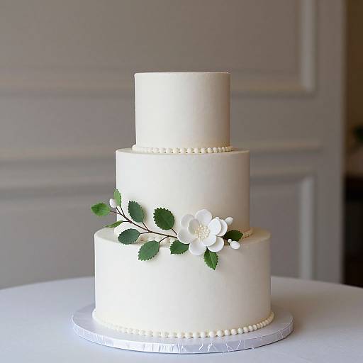Photograph of a three-tiered white wedding cake with pearl accents, adorned with white roses and green leaves, set on a silver base in a softly