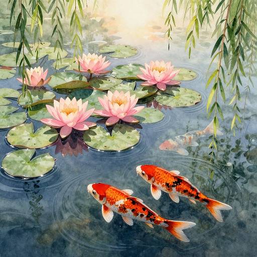 Watercolor Pond with Pink Lilies