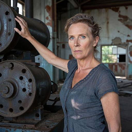 Photograph of a middle-aged white woman with short brown hair, wearing a black, slightly sheer top, standing in an industrial, rusted warehouse,