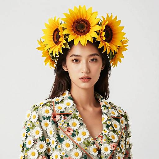 Woman in Floral Costume with Sunflower Crown