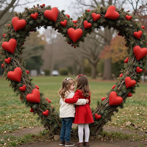 Photograph of two young girls in winter clothes, standing back-to-back in front of a heart-shaped wreath adorned with red hearts, in a park