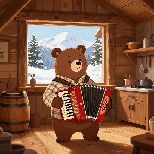 Digital illustration of a brown bear playing a red accordion in a warm, wooden cabin with a snowy mountain view.