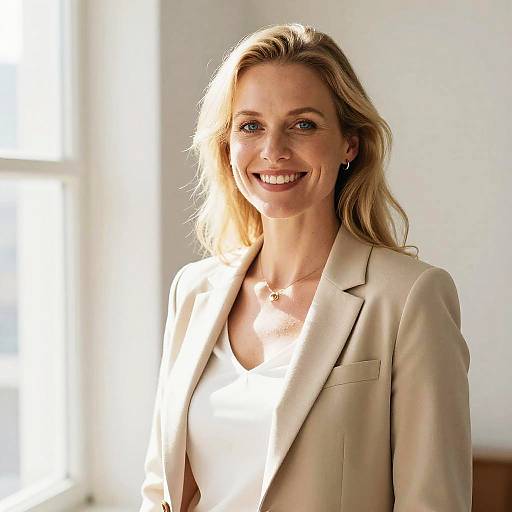 Smiling Blonde Woman in Sunlit Room