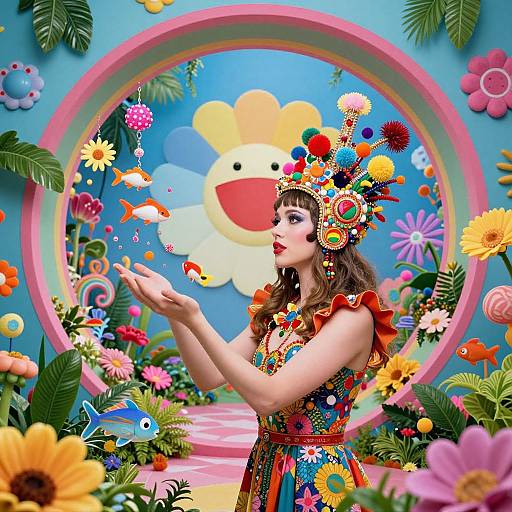 Colorful digital artwork: a woman in a vibrant, floral dress and elaborate headpiece, holding a fish, in front of a circular rainbow frame,