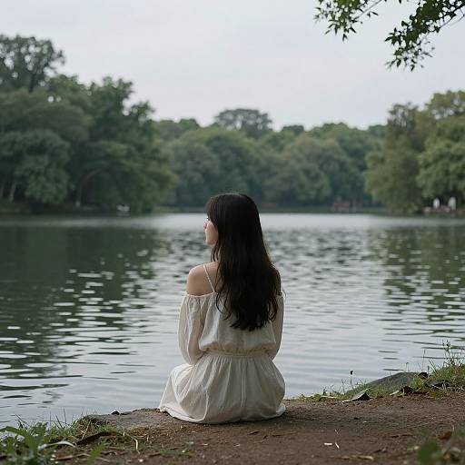 Woman Sitting by Serene Lake