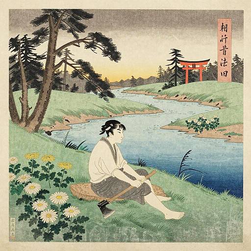 Ukiyo-e woodblock print of a lone man sitting by a riverside, with flowers, trees, and a torii gate in the background