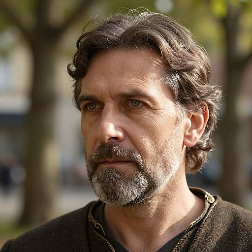 Photograph of a middle-aged man with wavy brown hair, gray beard, green eyes, wearing a dark shirt and gold necklace, outdoors with blurred