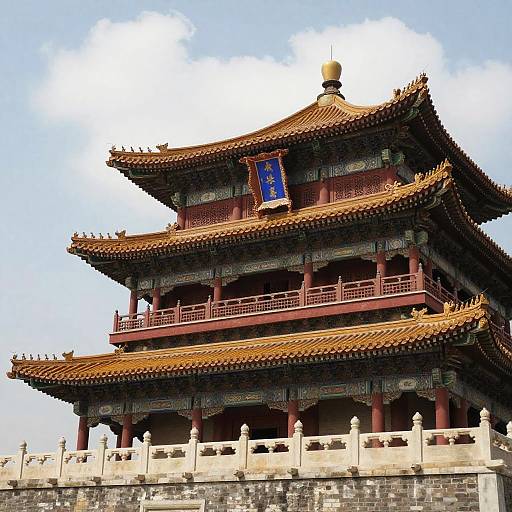 Photograph of a traditional Chinese multi-tiered pagoda with ornate, red and gold roofs, blue sign with yellow characters, and a stone wall