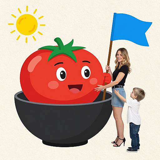 Woman and Child with Giant Tomato Character