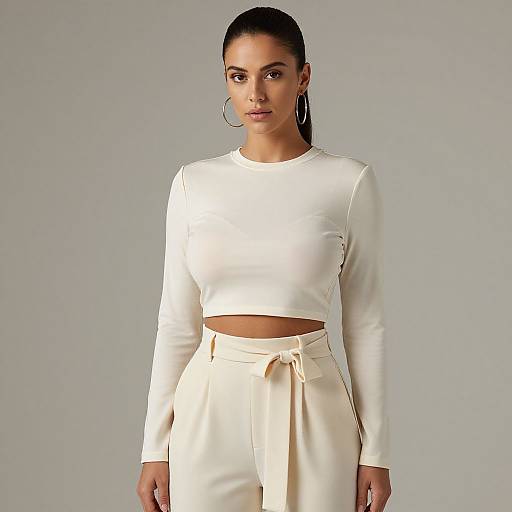 Photograph of a confident woman with dark hair in a ponytail, wearing a white long-sleeve crop top and high-waisted white pants