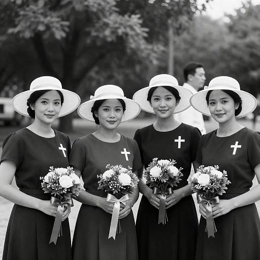 Four Women in Dresses with Bouquets and Hats